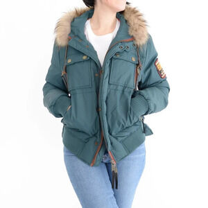 DSquared Deep Teal with Fur Trim Real Down Puffer Ski Snow Coat S